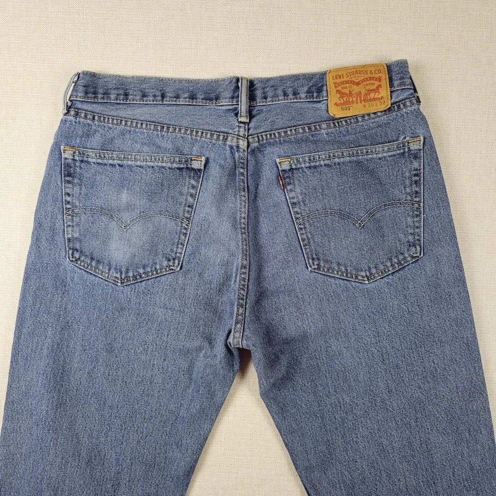 Levis 505 Jeans Mens 36X32 (34×30) Straight Leg Blue Grunge Broke-In